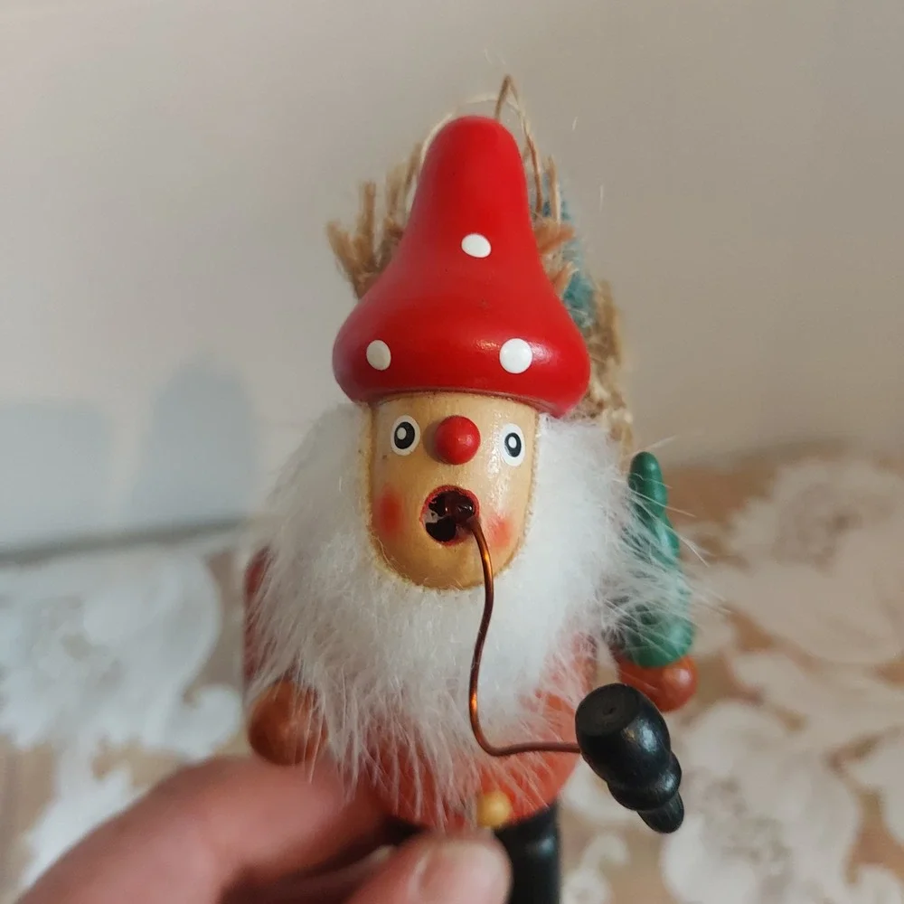 Vintage Wooden Incense Smoker Gnome Santa Figurine Red Mushroom Hat 6